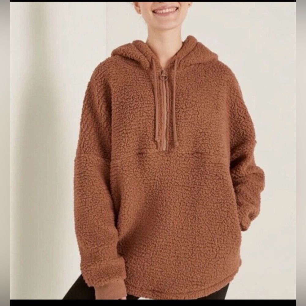 Victoria Secret PINK brown teddy sherpa jacket half zip hooded large